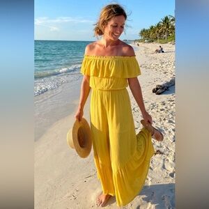 goa beachwear by japna  Ruffled Off-Shoulder Yellow Wide-Leg Jumpsuit Coverup L